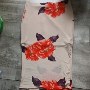 Iris Beige Pencil Skirt with Red Floral Design